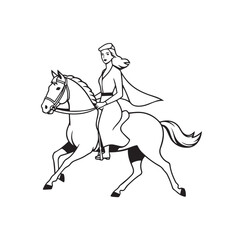 Black and white line art of a beautiful woman with perfect body riding horse elegant minimalist illustration