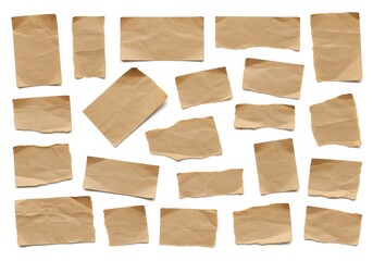 Vintage Crumpled Brown Paper Pieces on White Background