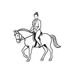 Black and white line art of a beautiful woman with perfect body riding horse elegant minimalist illustration