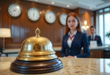 Golden bell on a luxurious hotel front desk with blurry hotel staff in the background A business image symbolizing friendly and dignified hotel service and hospitality