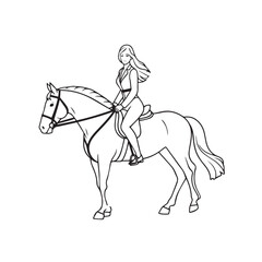 Fototapeta premium Black and white line art of a beautiful woman with perfect body riding horse elegant minimalist illustration