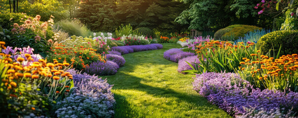 Vibrant Formal Garden with Curving Grass Pathway and Colorful Flowerbeds serene Summer Concept of landscape design