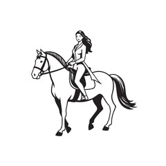 Black and white line art of a beautiful woman with perfect body riding horse elegant minimalist illustration