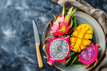 Dragon Fruit and Mango tropical fruits Flat Lay on Ceramic Plate with Knife Rustic Cloth Dark blue Backdrop Concept Healthy eating