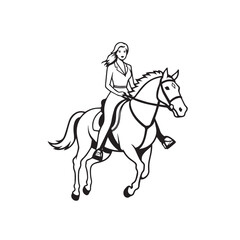 Fototapeta premium Black and white line art of a beautiful woman with perfect body riding horse elegant minimalist illustration