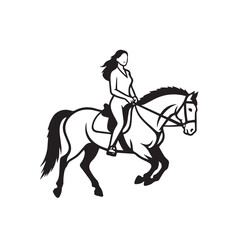Black and white line art of a beautiful woman with perfect body riding horse elegant minimalist illustration