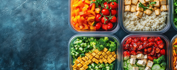 Colorful Vegan Meal Prep Containers with Tofu, Quinoa, and Fresh Vegetables on Blue Countertop copy space