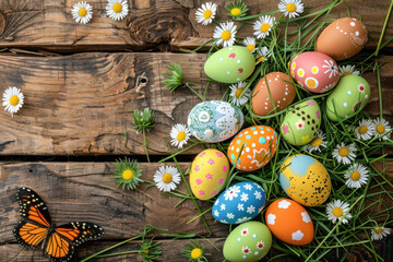 Colorful Easter Eggs Arranged on Wooden Planks with Grass, Daisies, and Butterfly with copy space
