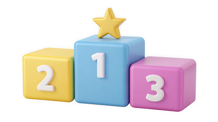 Three tiered victory podium with numbers and star isolated on transparent background