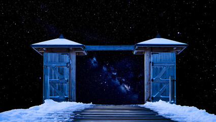 Mystical winter gateway beneath a starry night sky leading to cosmic wonders and celestial exploration