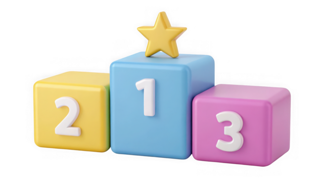 Three tiered victory podium with numbers and star isolated on transparent background