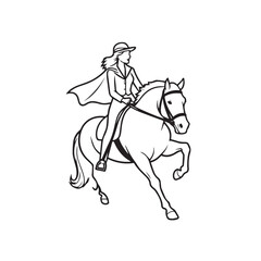 Black and white line art of a beautiful woman with perfect body riding horse elegant minimalist illustration