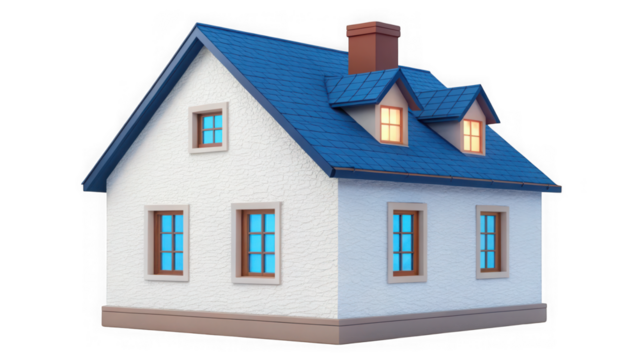 Cozy white house with blue roof isolated on transparent background - Powered by Adobe