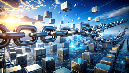 Dynamic digital network of interconnected metallic chains and floating data blocks, symbolizing secure blockchain technology and global information exchange in a futuristic cyber landscape
