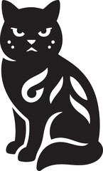 Sitting cat silhouette with tribal markings design, Black tribal cat vector illustration