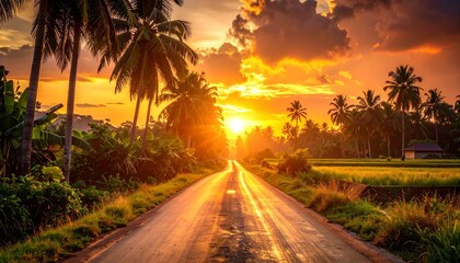 Fototapeta premium Scenic village road background at sunset