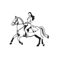 Black and white line art of a beautiful woman with perfect body riding horse elegant minimalist illustration