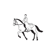 Black and white line art of a beautiful woman with perfect body riding horse elegant minimalist illustration