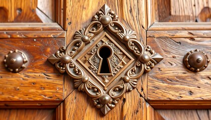 Ornate keyhole in aged wooden door