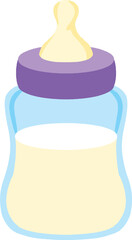 Baby bottle with yellow nipple and purple cap filled with liquid