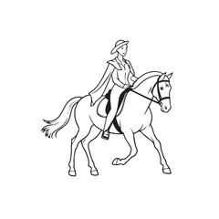 Fototapeta premium Black and white line art of a beautiful woman with perfect body riding horse elegant minimalist illustration