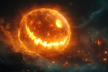 Obraz premium Giant sun hovering over cityscape.