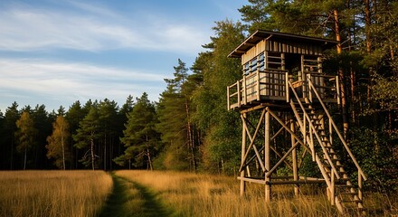 Elevated Hunting Stand Overlooking Field and Forest at Sunset.