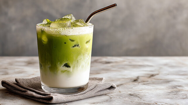 Iced matcha latte with metal straw on gray cloth napkin against a gray background on marble surface