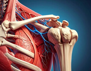 Detailed anatomical illustration of a shoulder joint, showcasing bones, muscles, and blood vessels
