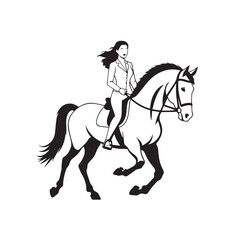 Black and white line art of a beautiful woman with perfect body riding horse elegant minimalist illustration