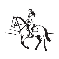 Black and white line art of a beautiful woman with perfect body riding horse elegant minimalist illustration