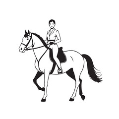 Black and white line art of a beautiful woman with perfect body riding horse elegant minimalist illustration
