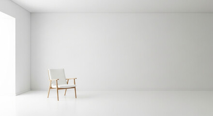 Minimalist interior with a white chair in an empty room, showcasing simplicity and modern design, isolated on white background
