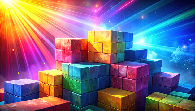 Vibrant Geometric Blocks Stacked High Amidst Streaking Rainbow Lights Creating a Colorful and Dynamic Abstract Background - Powered by Adobe