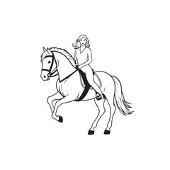 Black and white line art of a beautiful woman with perfect body riding horse elegant minimalist illustration