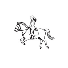 Black and white line art of a beautiful woman with perfect body riding horse elegant minimalist illustration