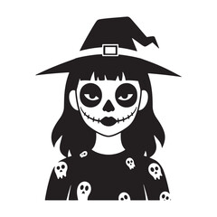 Black and white illustration of a witch with sinister expression and ghost pattern