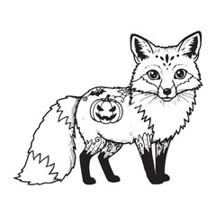 Black and White Halloween Fox with Pumpkin and Spiderweb Design