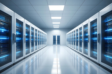 Server room with rows of computer racks and blue lights showcasing data storage and networking infrastructure for businesses and cloud computing