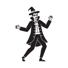 Cartoon vampire in a hat and cape dancing halloween