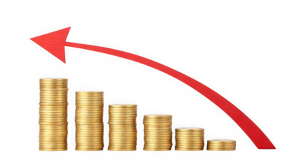 Growing stack of coins with upward arrow isolated on transparent background