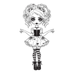 Cute Halloween girl with curly hair and skull decorations Keywords: halloween, girl, cute
