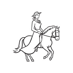 Black and white line art of a beautiful woman with perfect body riding horse elegant minimalist illustration
