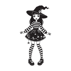 Cute Witch Girl in Striped Outfit with Spiderweb Skirt