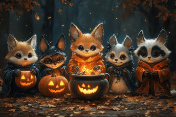 Foxes holding pumpkins in mouths.