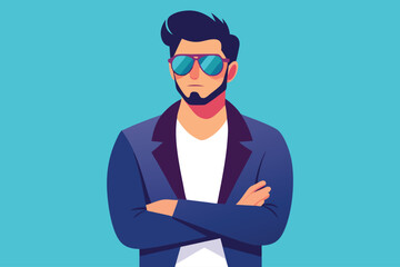 Stylish man with sunglasses poses confidently against a bright blue background