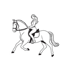 Black and white line art of a beautiful woman with perfect body riding horse elegant minimalist illustration