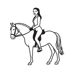 Black and white line art of a beautiful woman with perfect body riding horse elegant minimalist illustration
