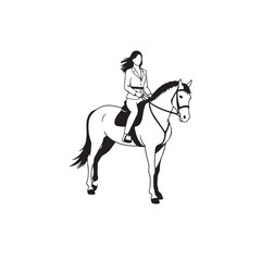 Black and white line art of a beautiful woman with perfect body riding horse elegant minimalist illustration