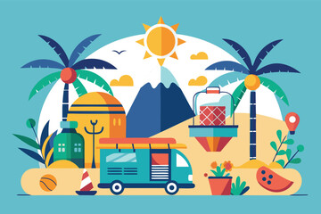 Obraz premium Colorful beach scene with a food truck, palm trees, and mountains in the background